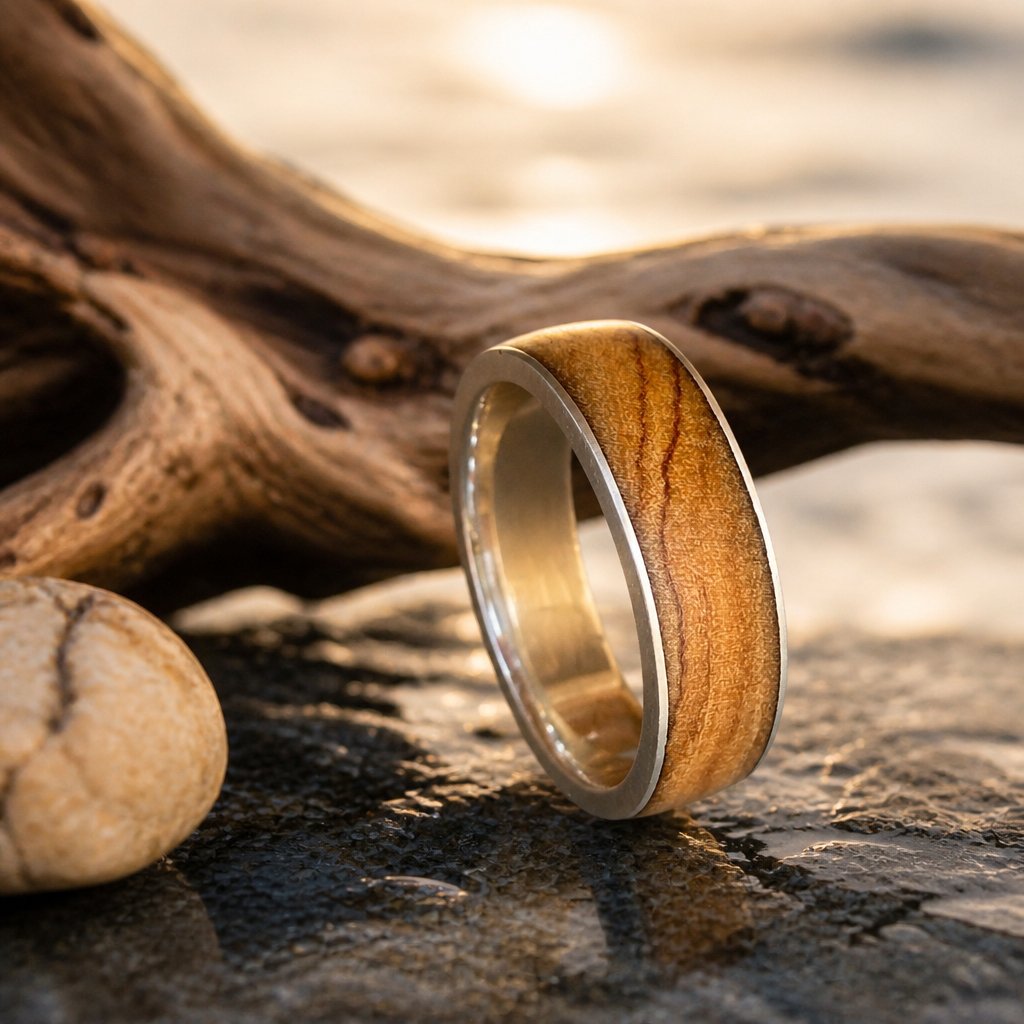 Olive Wood & Sterling Silver Ring - presented in kraft gift box with black velvet insert