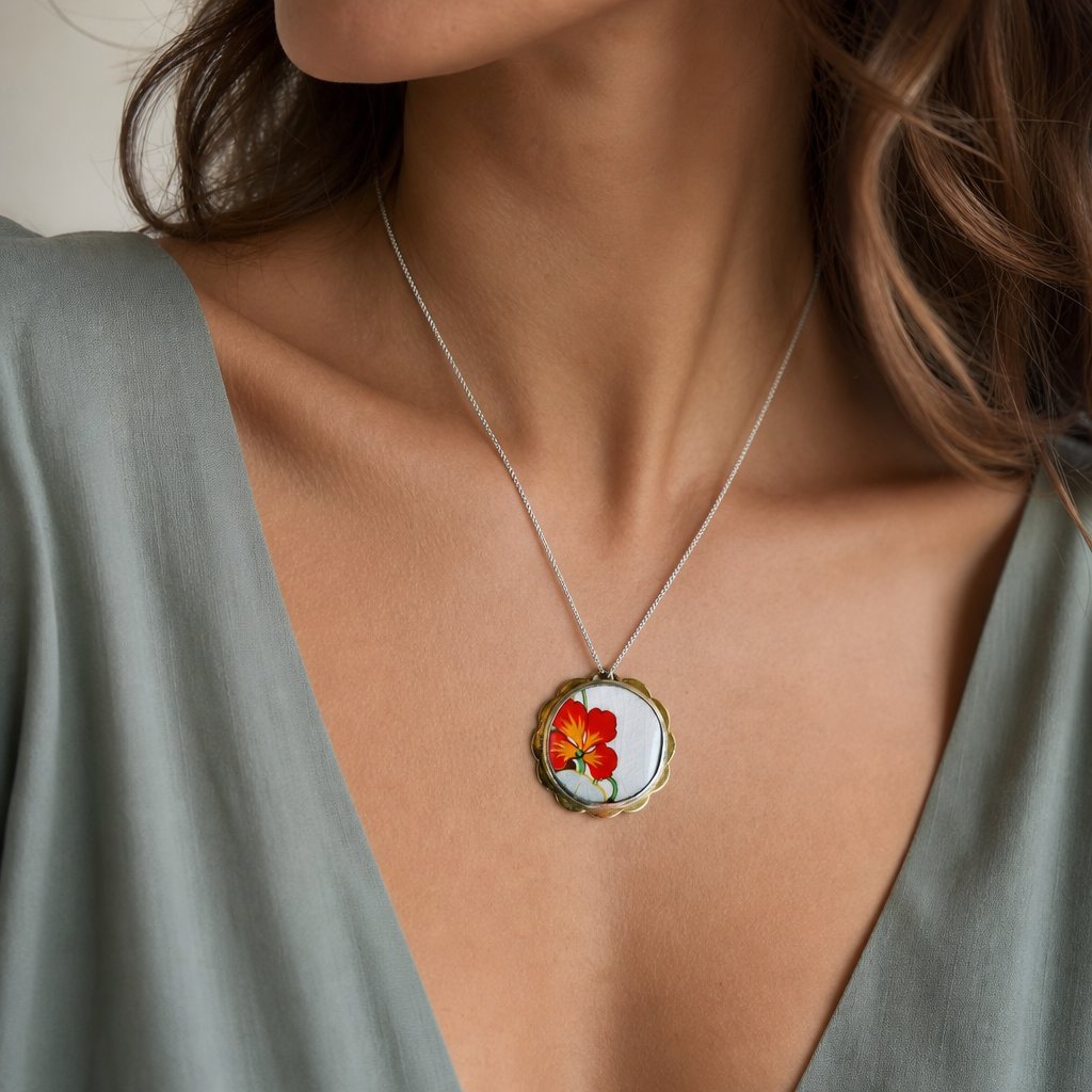 Orange and yellow nasturtium ceramic pendants by Natasha Wood displayed on fragments of the antique plate they were made from 