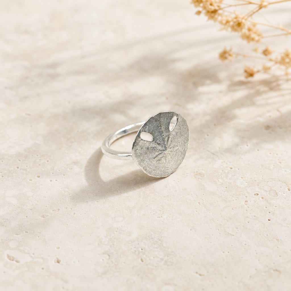 Pansy Shell Ring Sterling Silver - three-quarter angle showing shell face detail and band profile by Natasha Wood Jewellery
