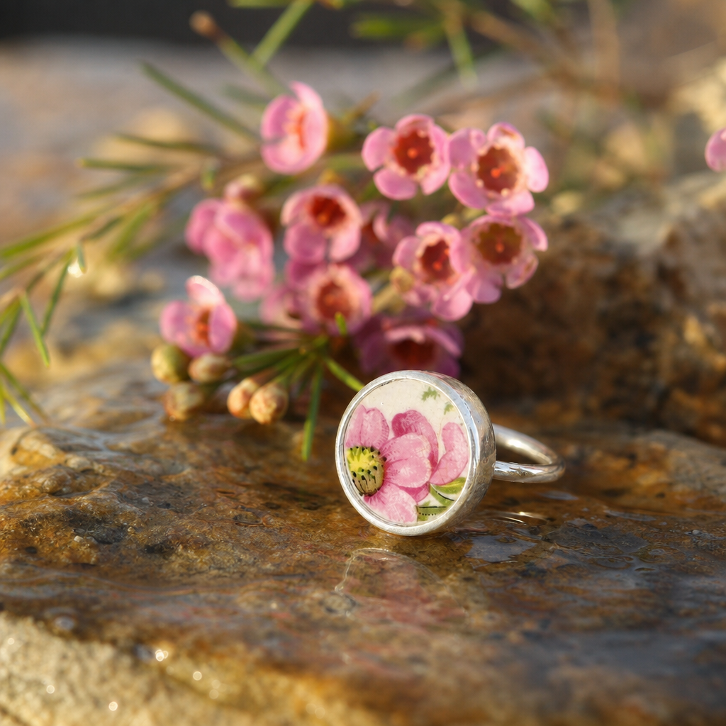 Pink Bloom Broken China Sterling Silver Ring - front angle view showing ceramic face detail