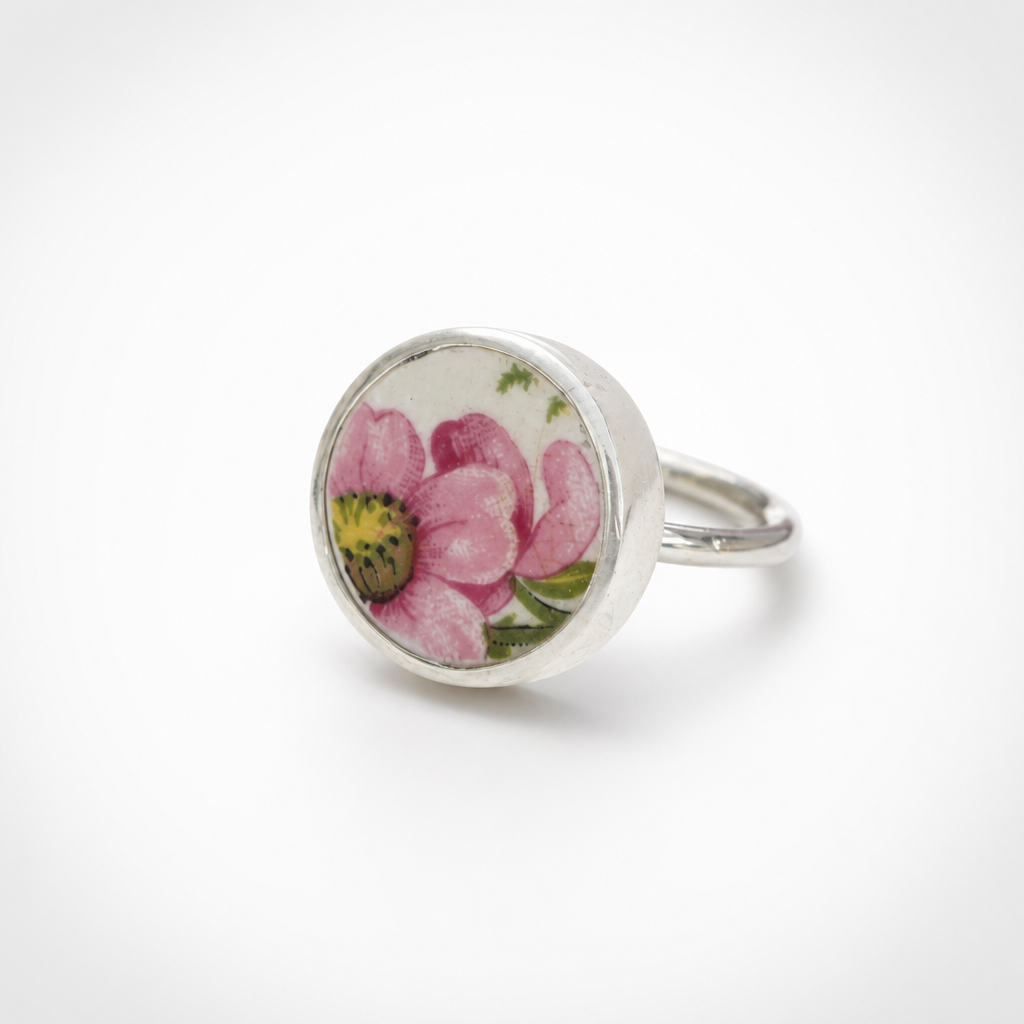 Pink Bloom Broken China Sterling Silver Ring - hero flat lay on marble with wax flower