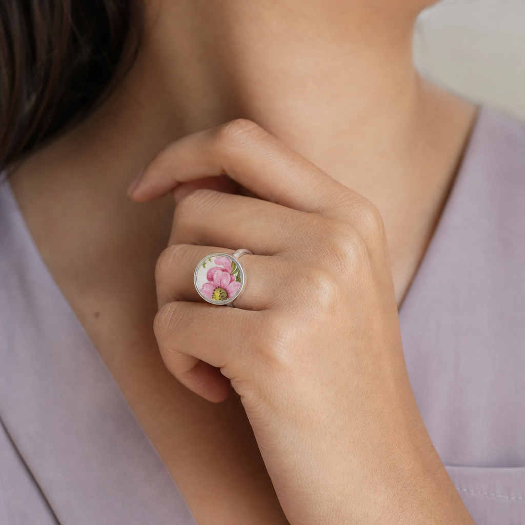 Pink Bloom Broken China Sterling Silver Ring - wider flat lay showing full ring profile and bezel depth