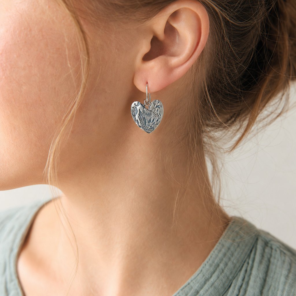 Sterling silver Protea Heart hook earrings in kraft gift box - handcrafted by Natasha Wood Jewellery