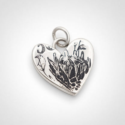 Protea Heart Pendant – close-up oxidised protea etching – sterling silver