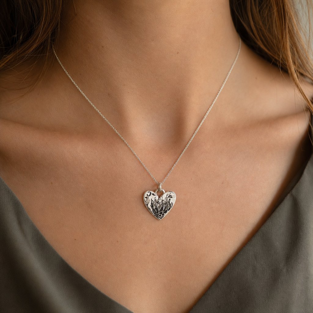 Protea Heart Pendant – angled hanging view – oxidised sterling silver necklace