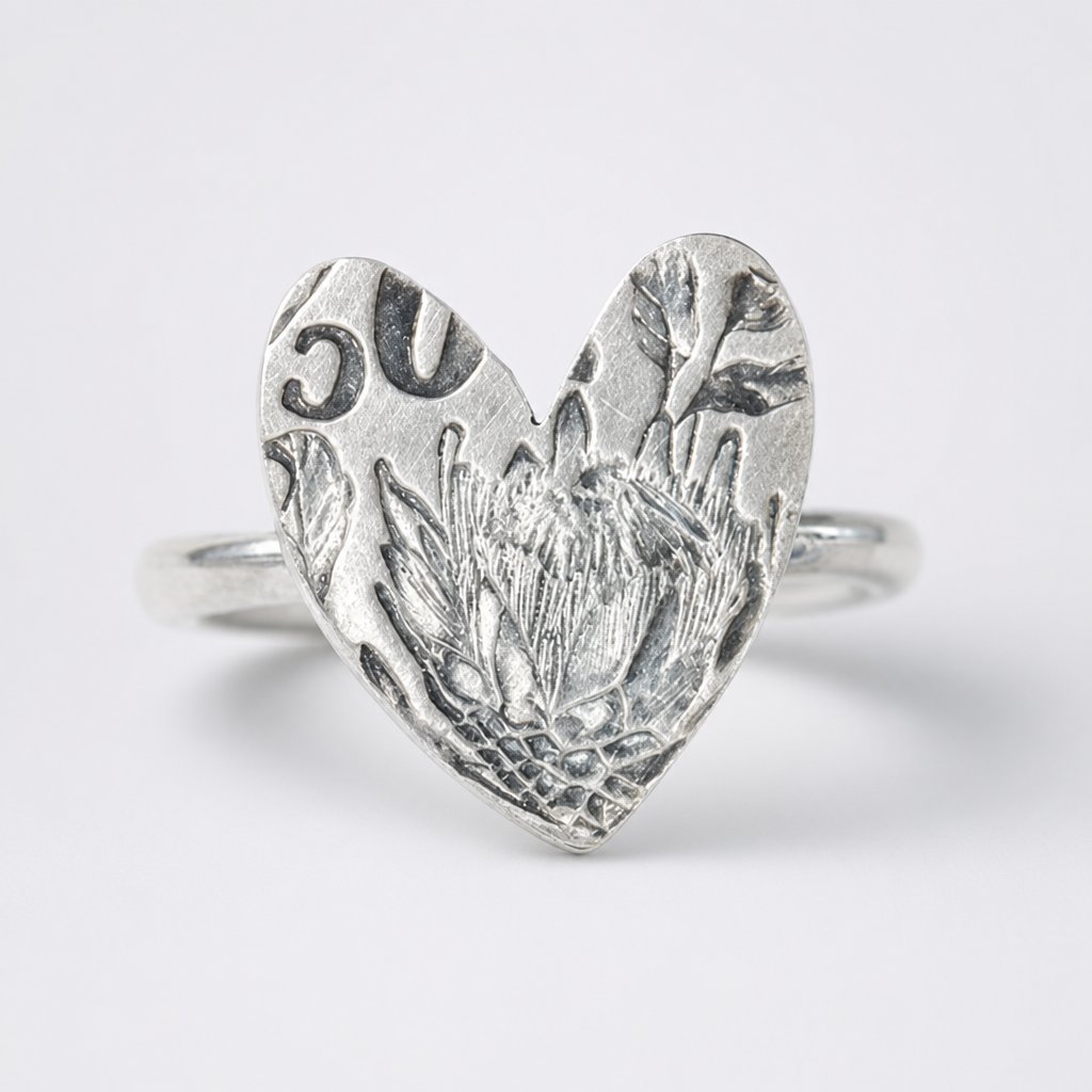 Protea Heart Ring - front view sterling silver with King Protea coin imprint handmade