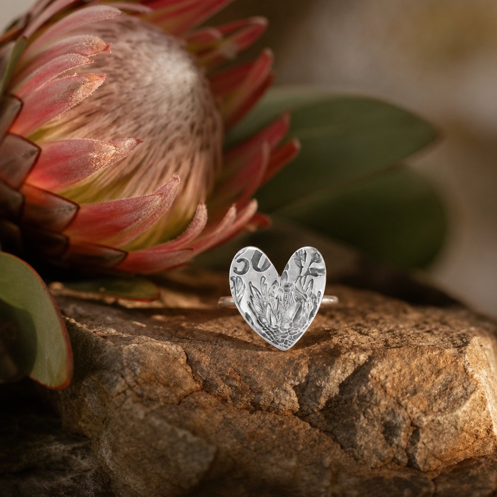 Protea Heart Ring - front view sterling silver with King Protea coin imprint handmade