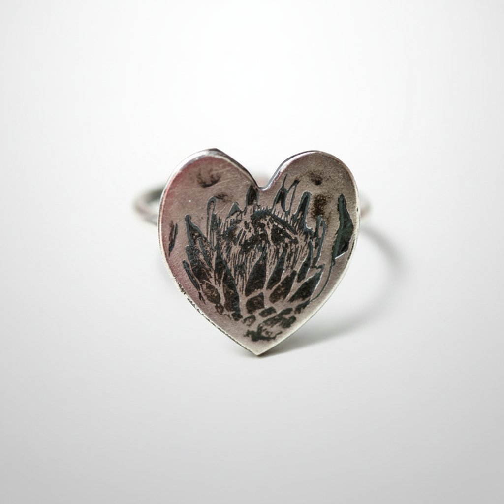 Protea Heart Ring - on hand front view  brass finish