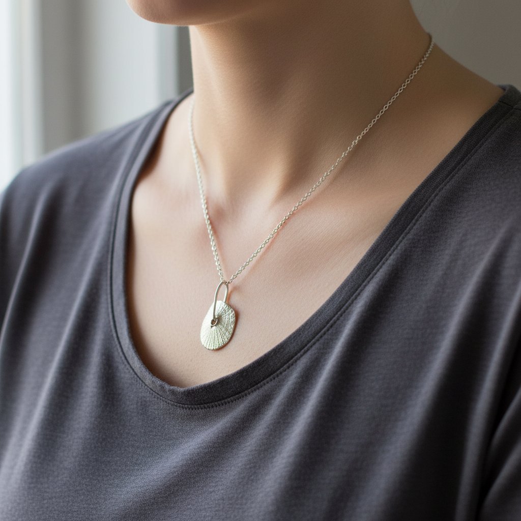 Santa Maria Limpet Shell Pendant - hanging front view, sterling silver finish showing full chain drop