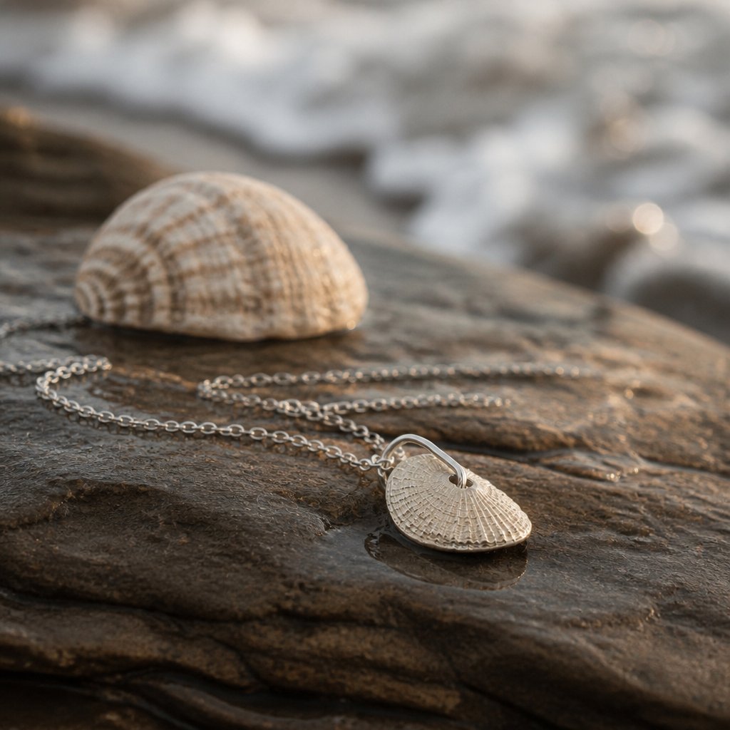 Santa Maria Shell Pendant - side profile flat-lay showing domed form, brass finish with sterling silver chain