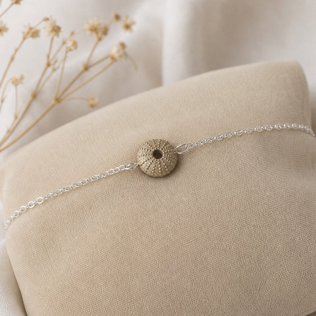 Sterling Silver Sea Urchin Bracelet - close-up of sea urchin charm on white background