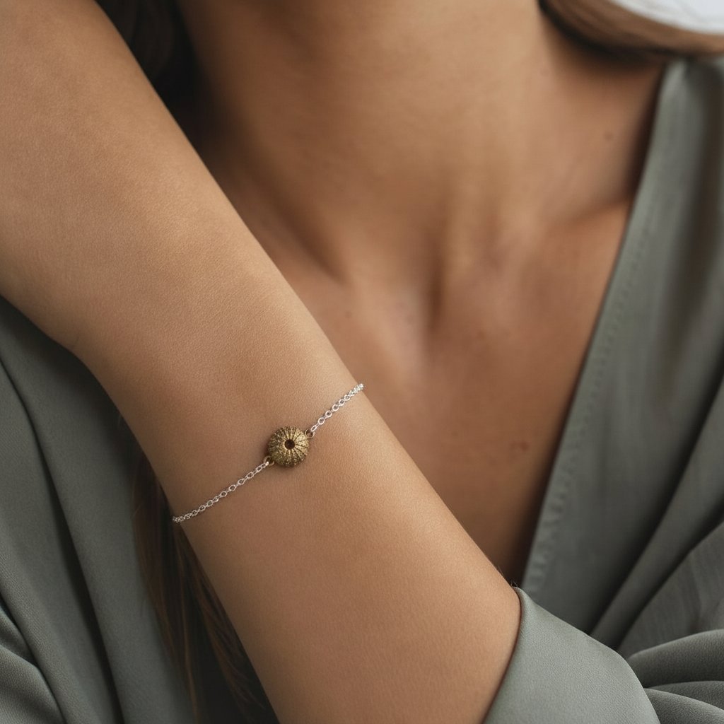 Sterling Silver Sea Urchin Bracelet - close-up of sea urchin charm on white background