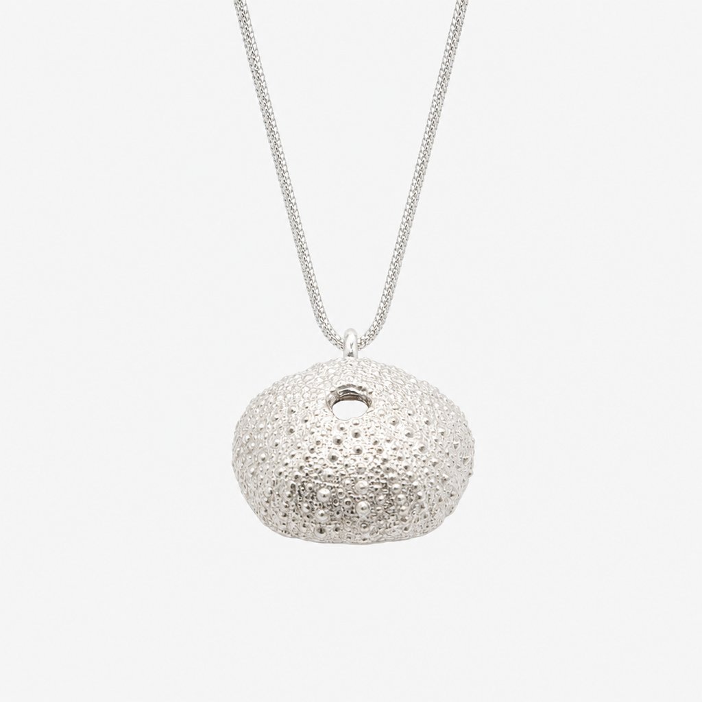 Large Sterling Silver Sea Urchin Pendant - front view on white background