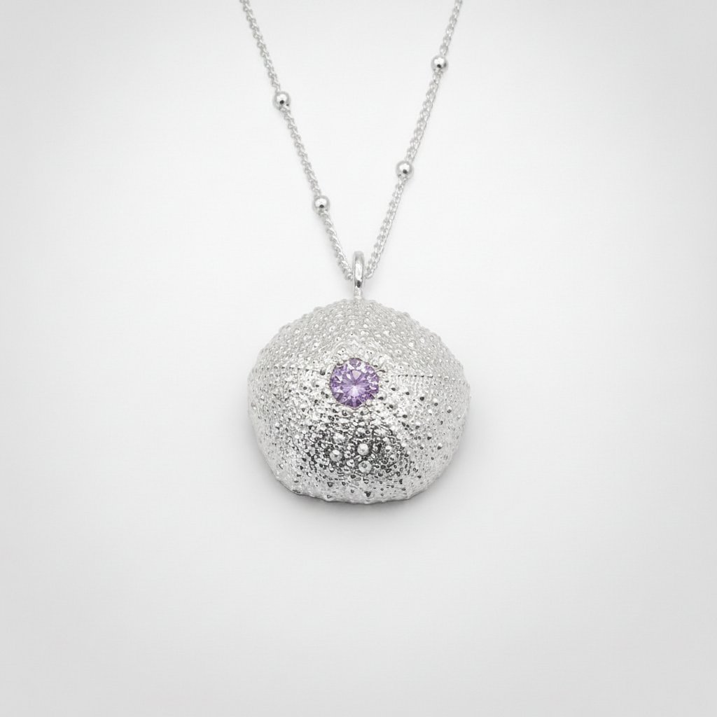 Sterling Silver Sea Urchin Pendant with Blue Topaz on satellite chain - clasp and chain detail visible