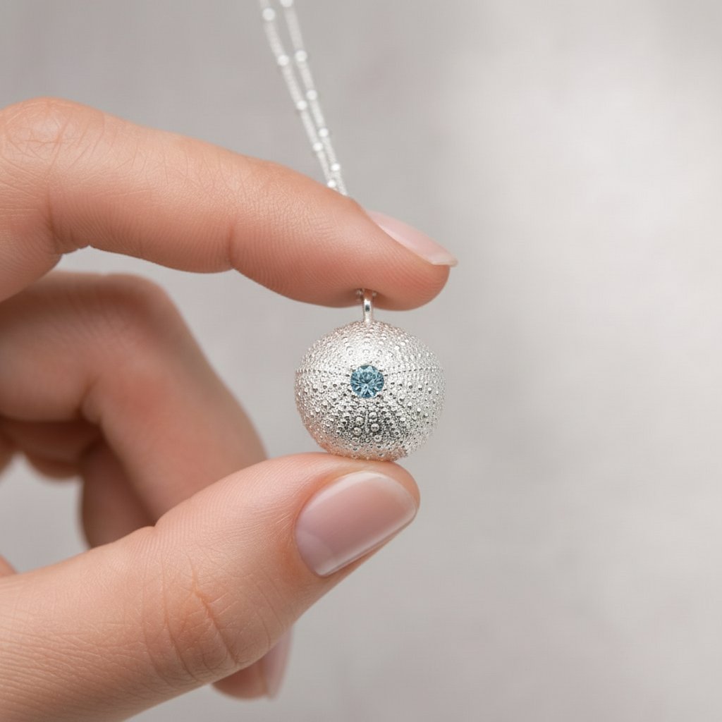 Sterling Silver Sea Urchin Pendant with Citrine gemstone  - front-facing product shot