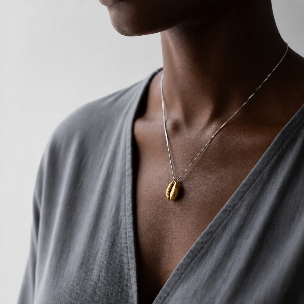Handmade Brass Cowrie Shell Pendant - hanging view on grey gradient background