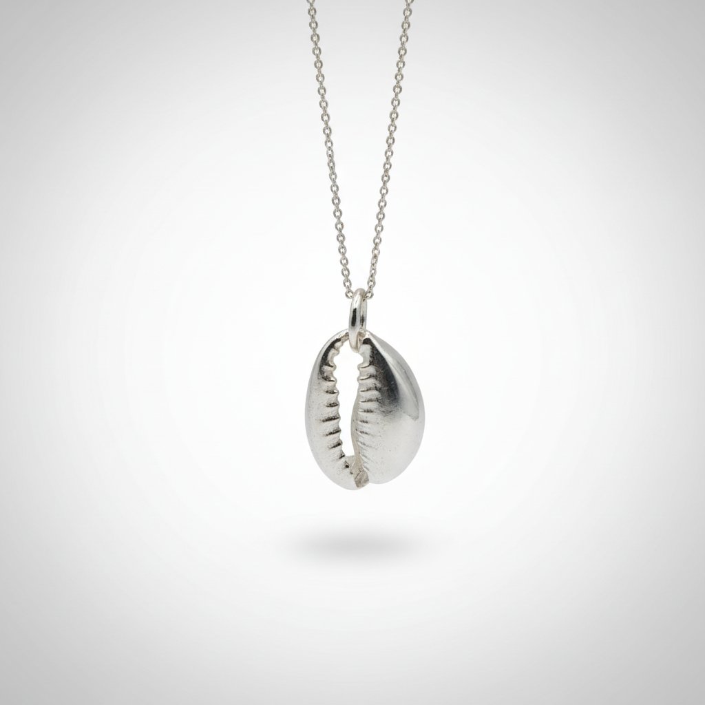 Sterling Silver Cowrie Shell Pendant - close-up detail showing lost wax cast texture, white background