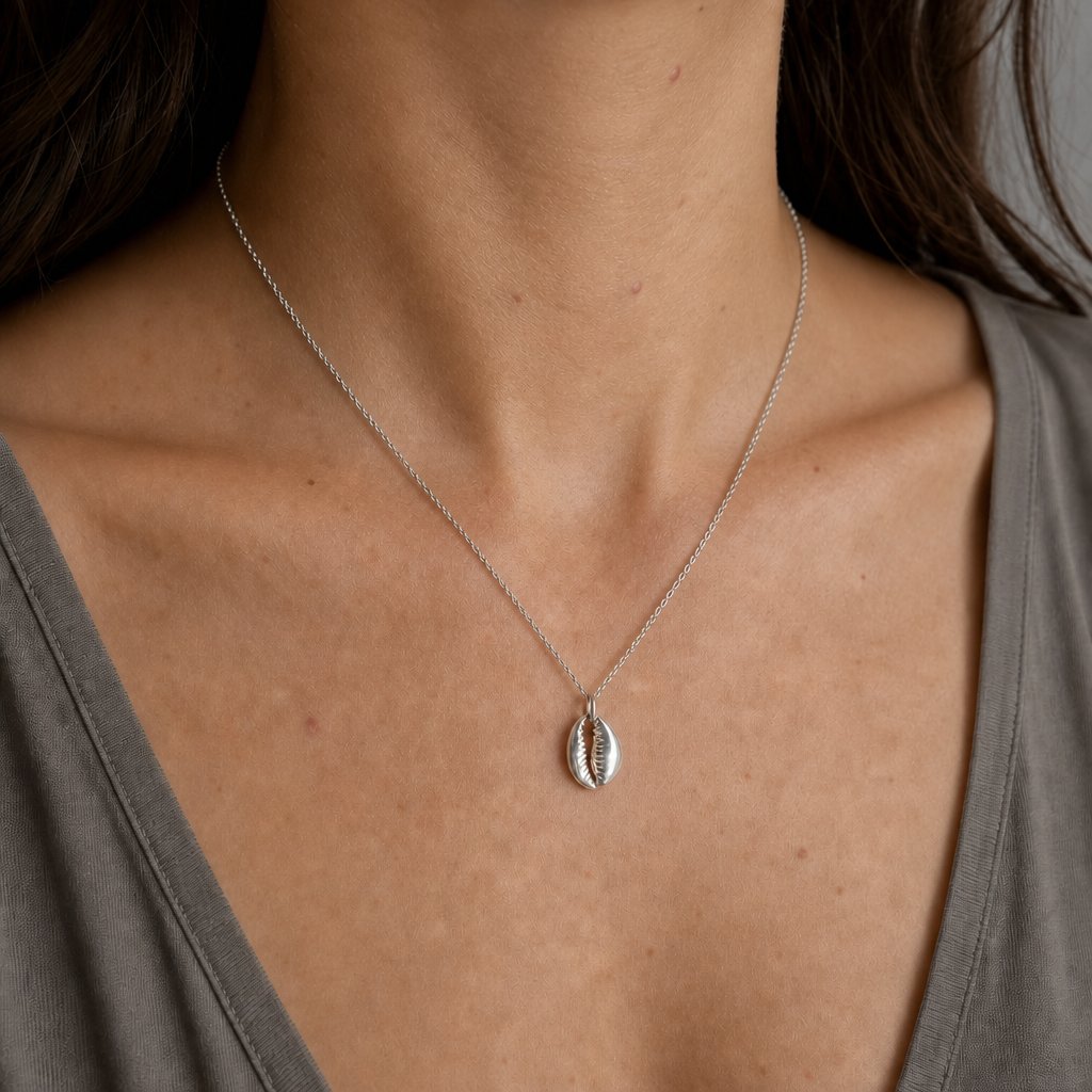 Handmade Sterling Silver Cowrie Shell Pendant Necklace - front hanging view, grey gradient background