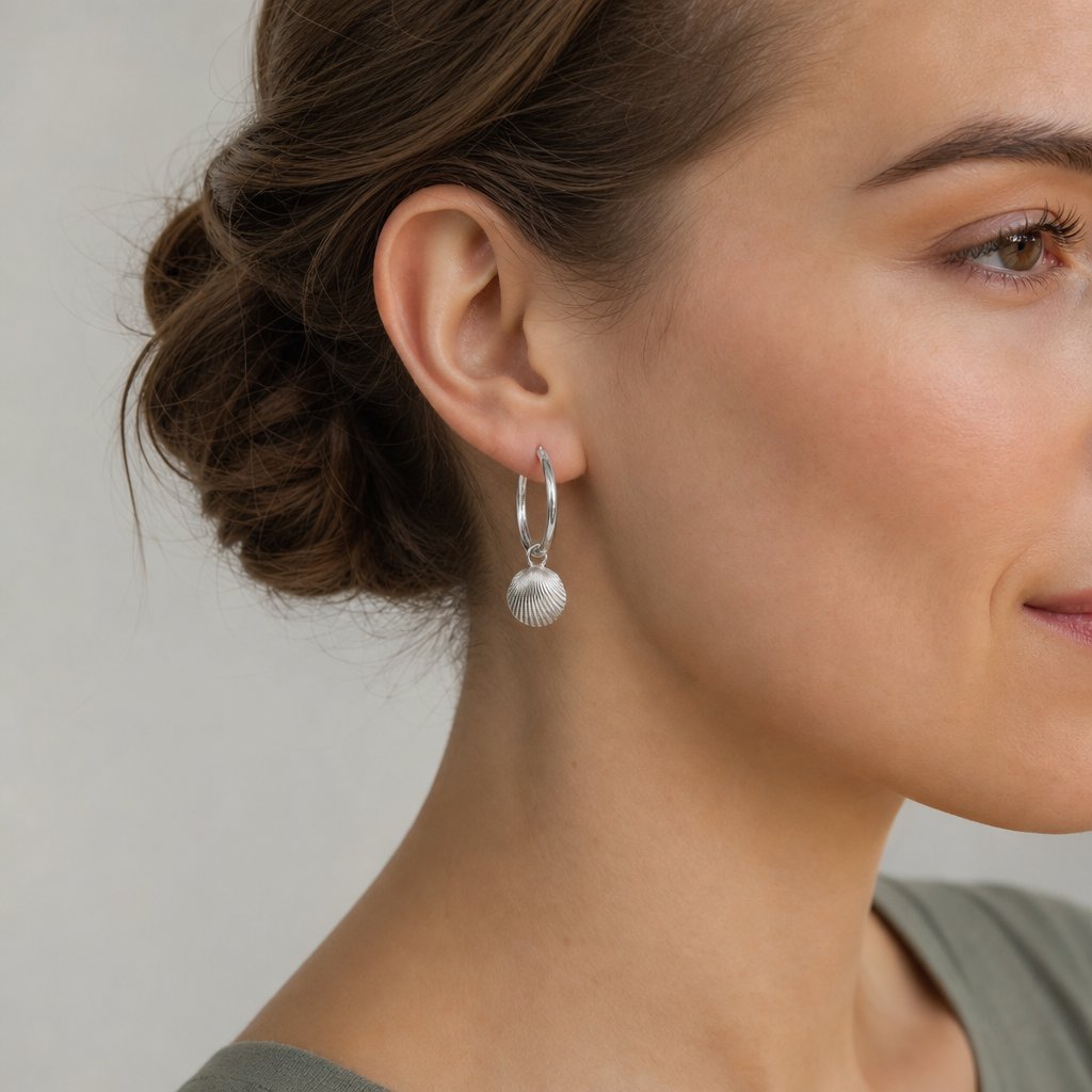 Sterling Silver Scallop Shell Hoop Earrings - pair hanging on display rod, full hoop view by Natasha Wood Jewellery