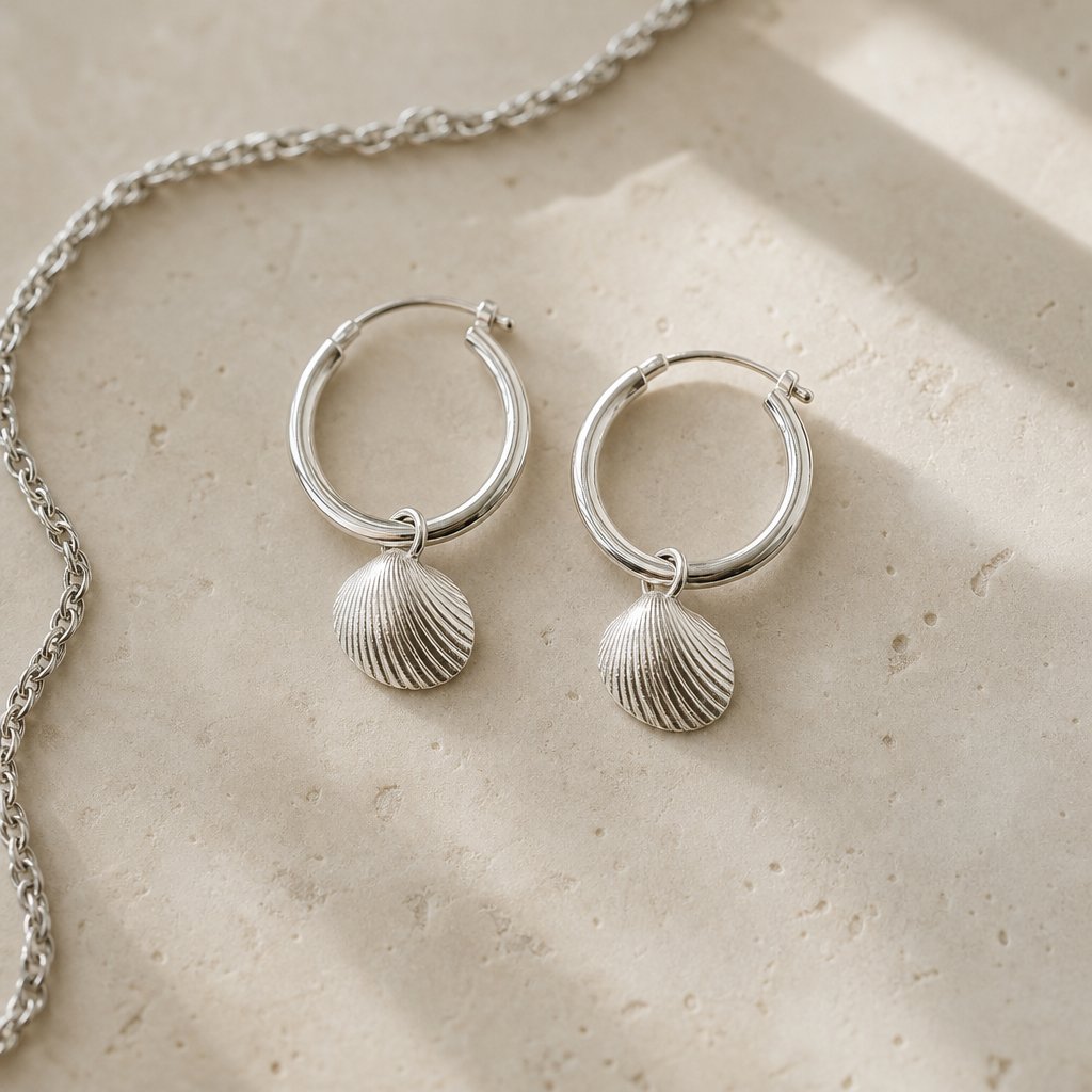 Sterling Silver Scallop Shell Hoop Earrings - pair hanging on display rod, full hoop view by Natasha Wood Jewellery