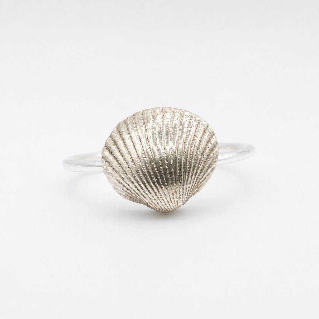 Sterling Silver Scallop Shell Ring on wooden cone display - front view