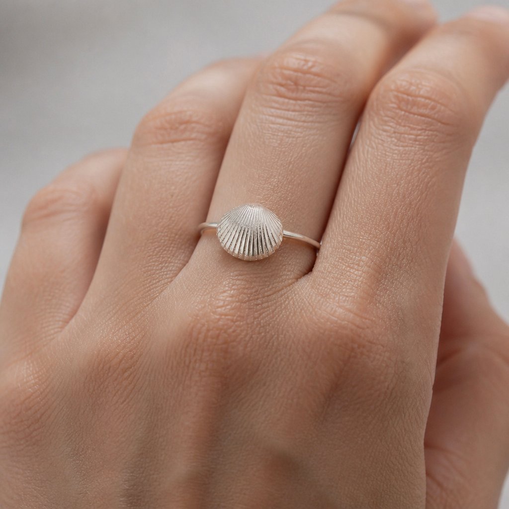 Sterling Silver Scallop Shell Ring - overhead view showing full round band and shell detail