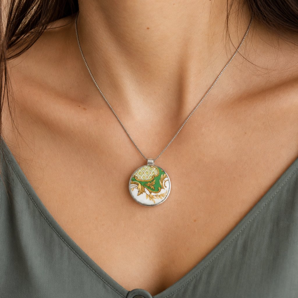 Once Upon a Teacup Pendant - front view, antique Tuscan bone china in sterling silver bezel