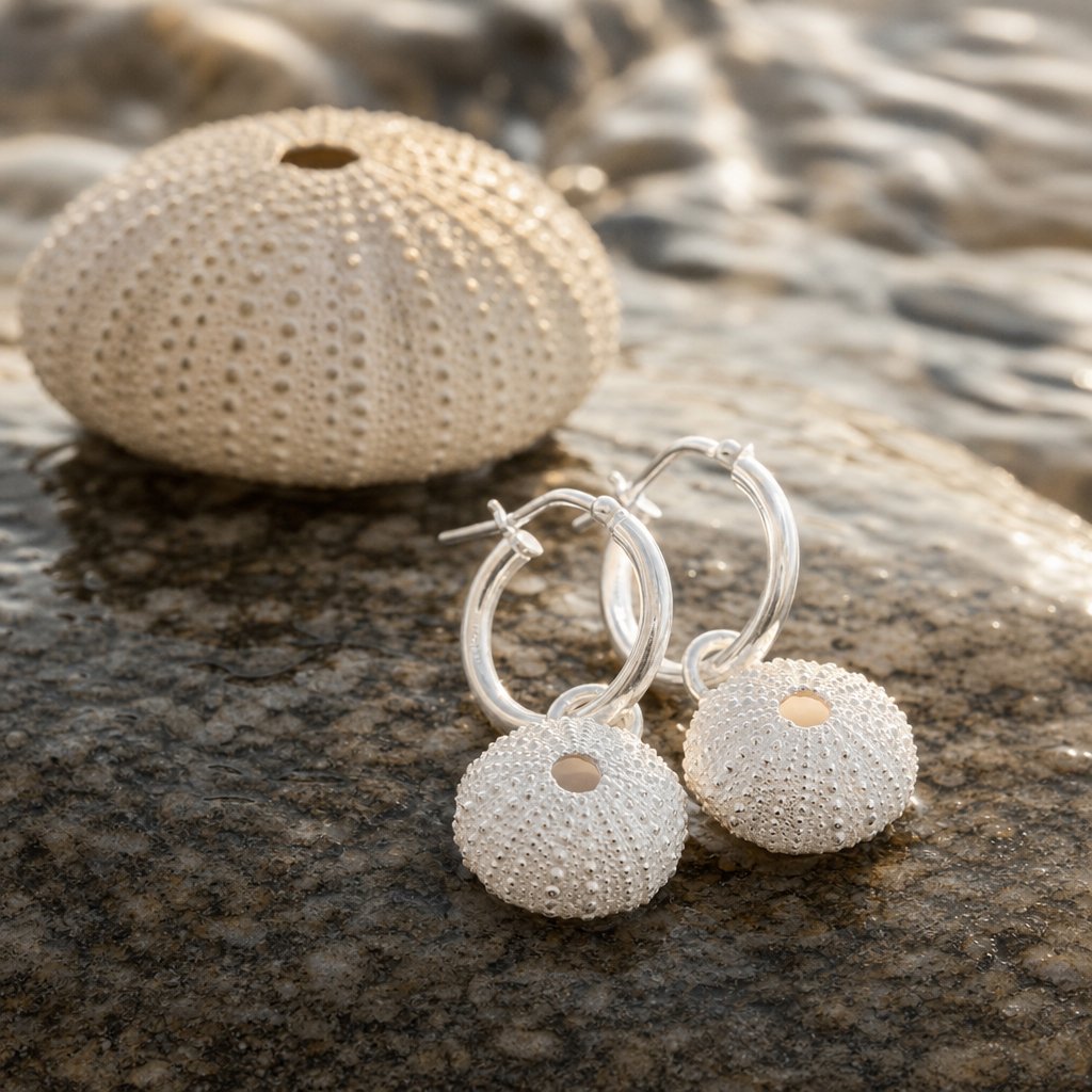 Silver Sea Urchin Hoop Earrings - overhead flat lay white background sterling silver