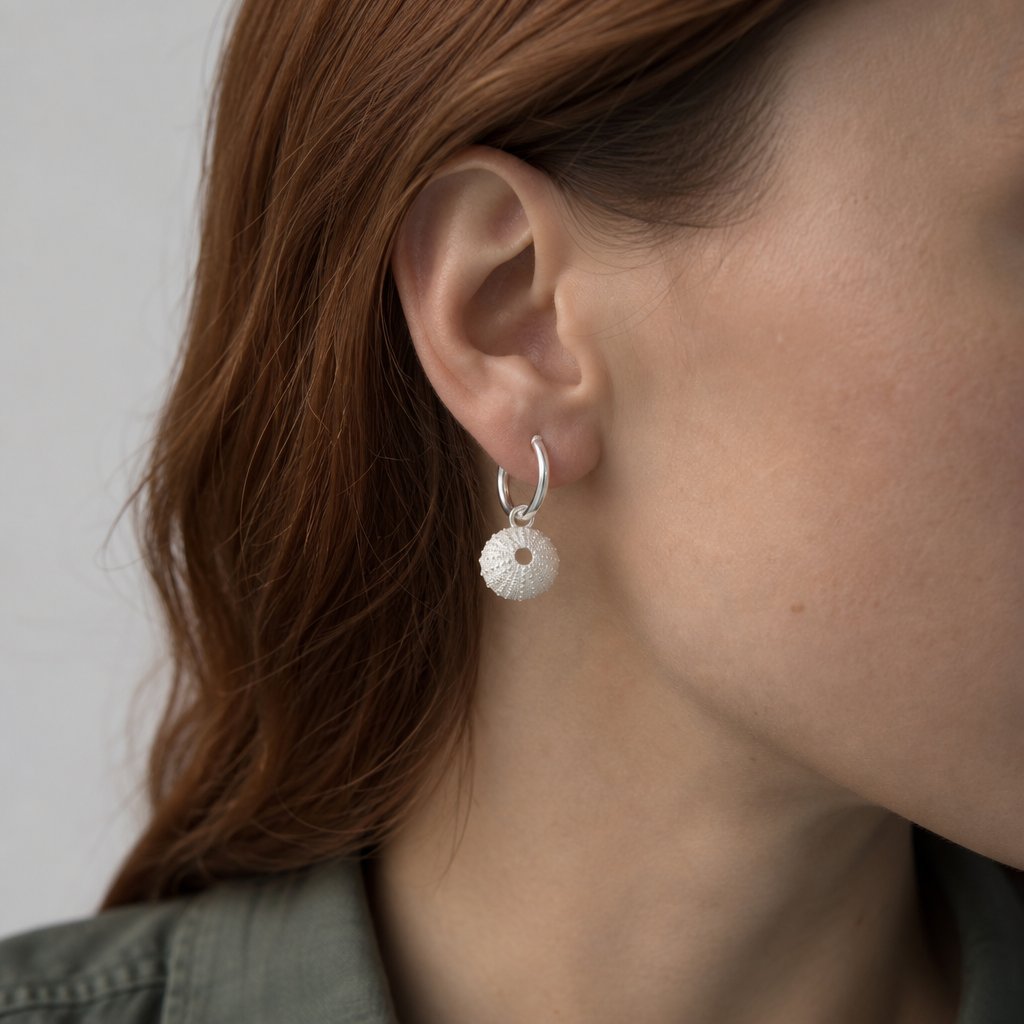 Sterling Silver Sea Urchin Charm Earrings - close up showing bumpy organic texture on hoop fitting