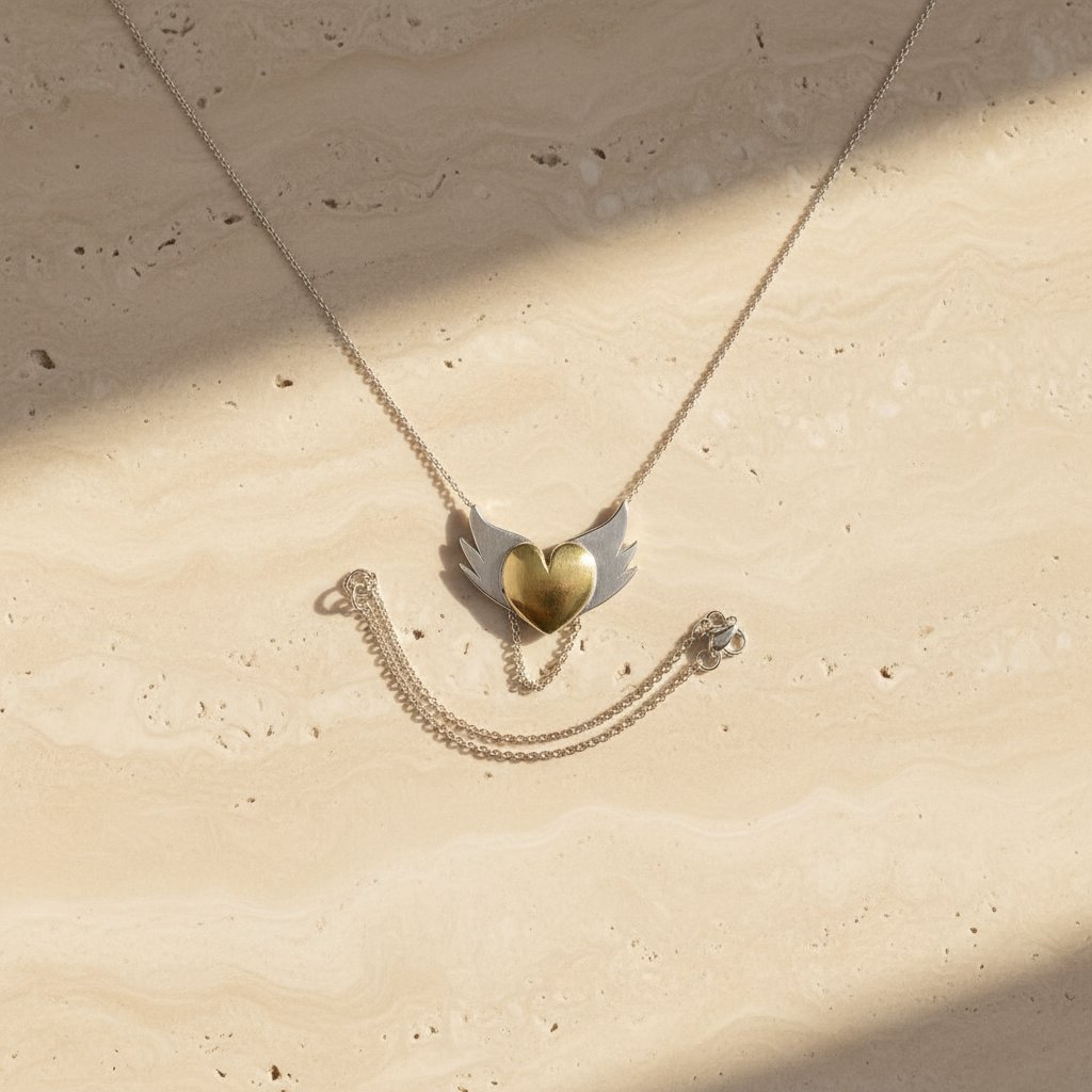 Brass Heart with Silver Wings Necklace - close-up detail, oxidised sterling silver wings and brass heart