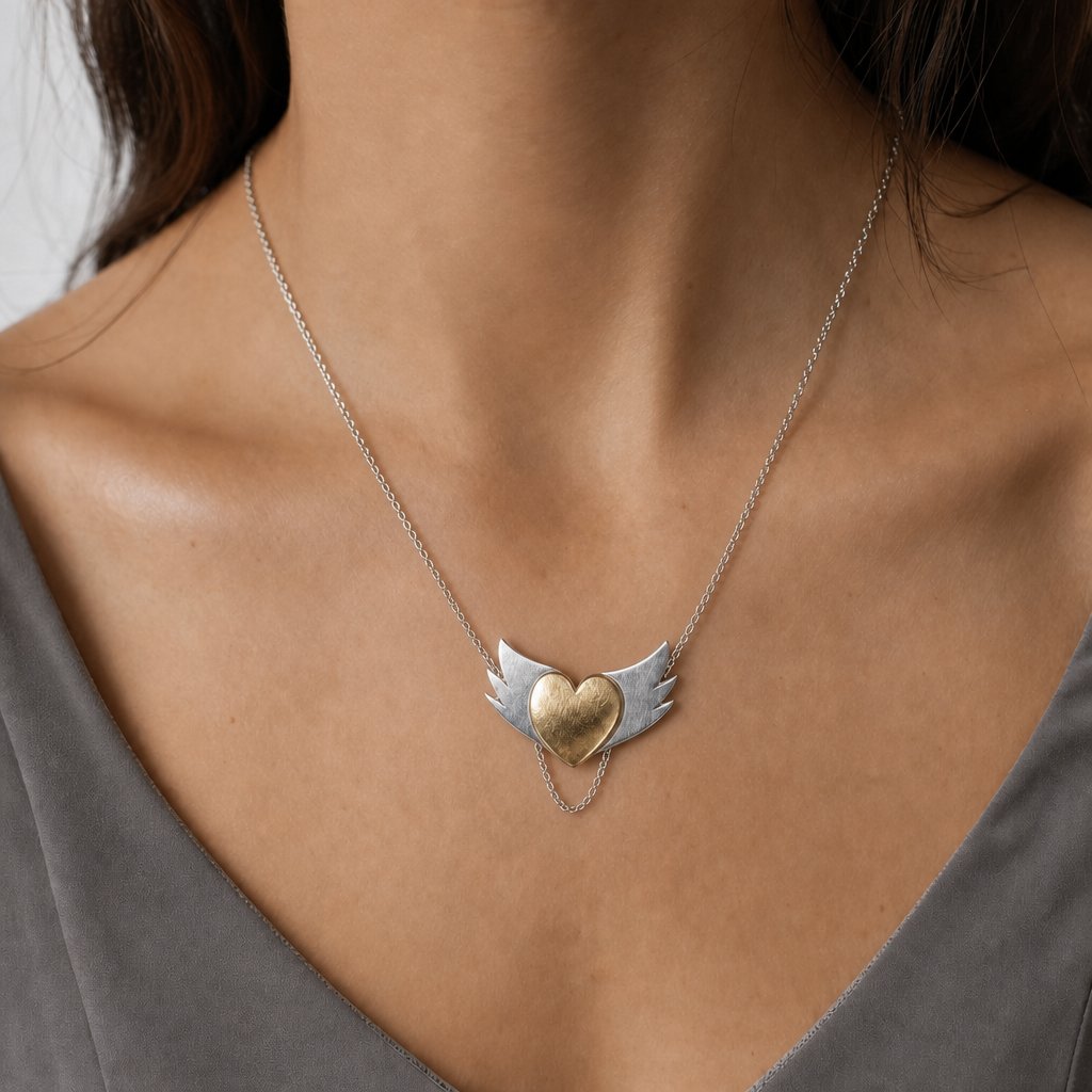 Brass Heart with Silver Wings Necklace - worn on model at collarbone, oxidised silver chain, handmade by Natasha Wood Jewellery