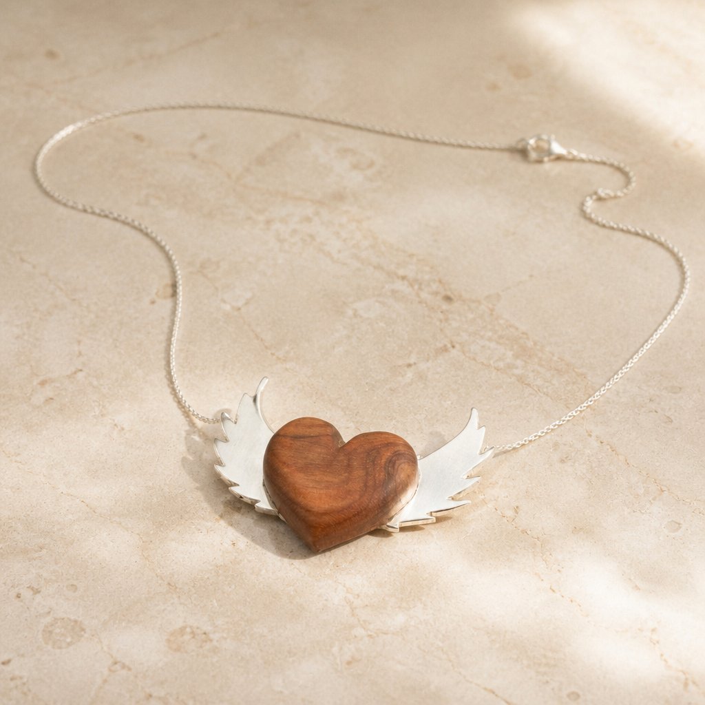 Olive Wood Heart Necklace with Sterling Silver Wings - front view, handcrafted pendant on 45cm silver chain