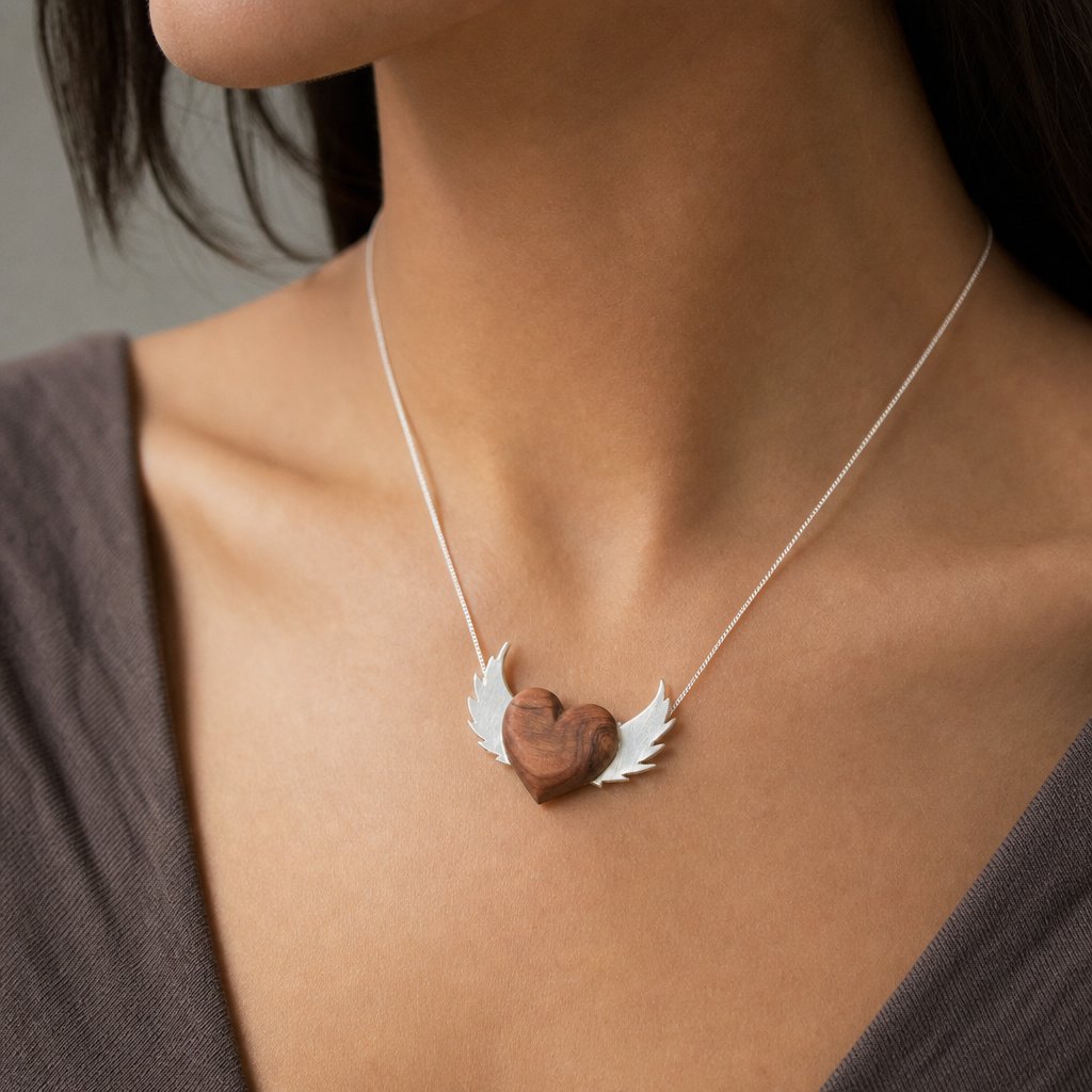 Olive Wood Heart Necklace with Sterling Silver Wings - front view, handcrafted pendant on 45cm silver chain
