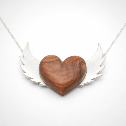 Olive Wood Heart Necklace with Sterling Silver Wings - front view, handcrafted pendant on 45cm silver chain