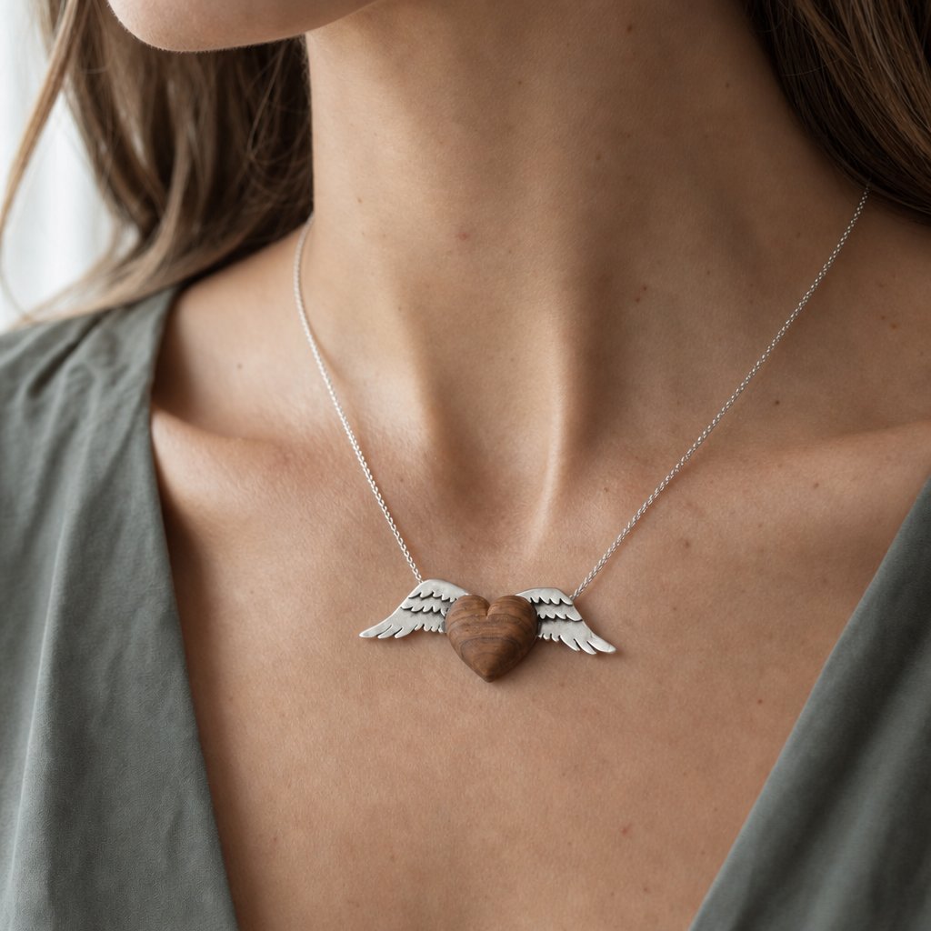 Silver Winged Wooden Heart Pendant – olive wood and sterling silver, angled view