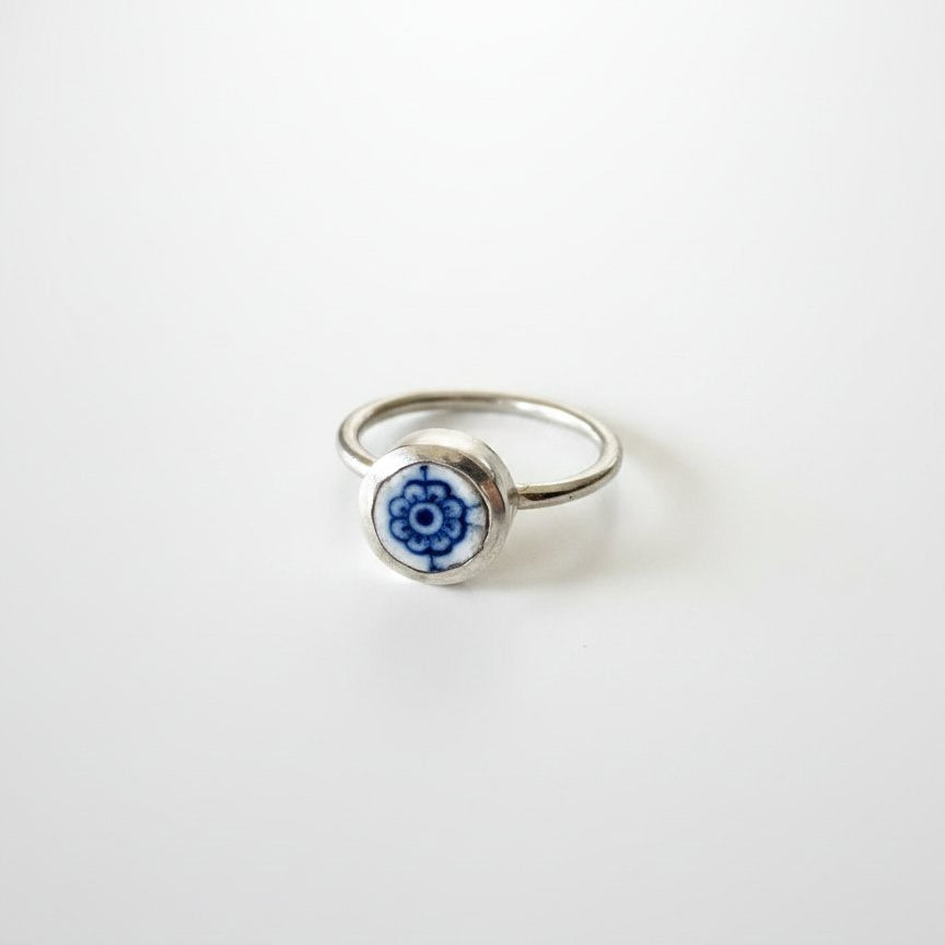 Small blue and white antique ceramic flower ring - sterling silver bezel setting - Natasha Wood Jewellery