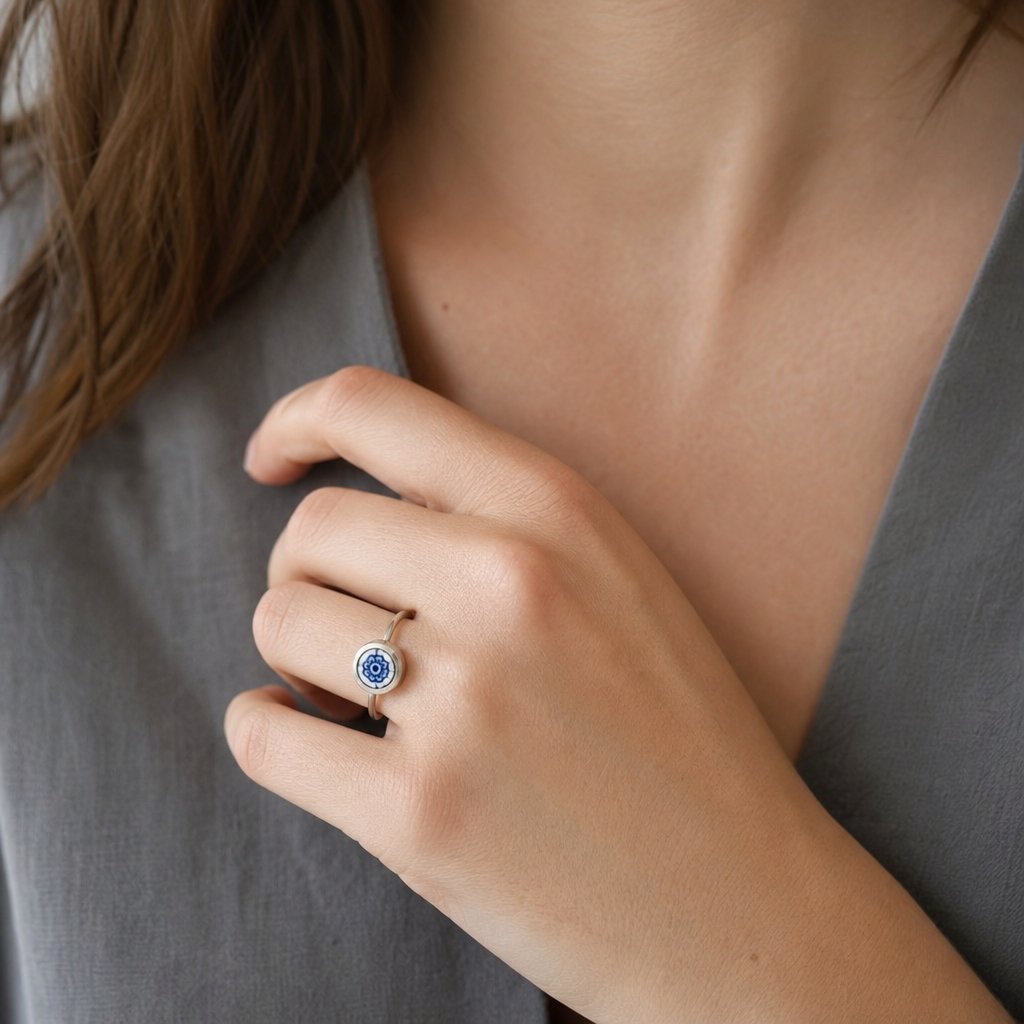 Small blue and white antique ceramic flower ring - sterling silver bezel setting - Natasha Wood Jewellery