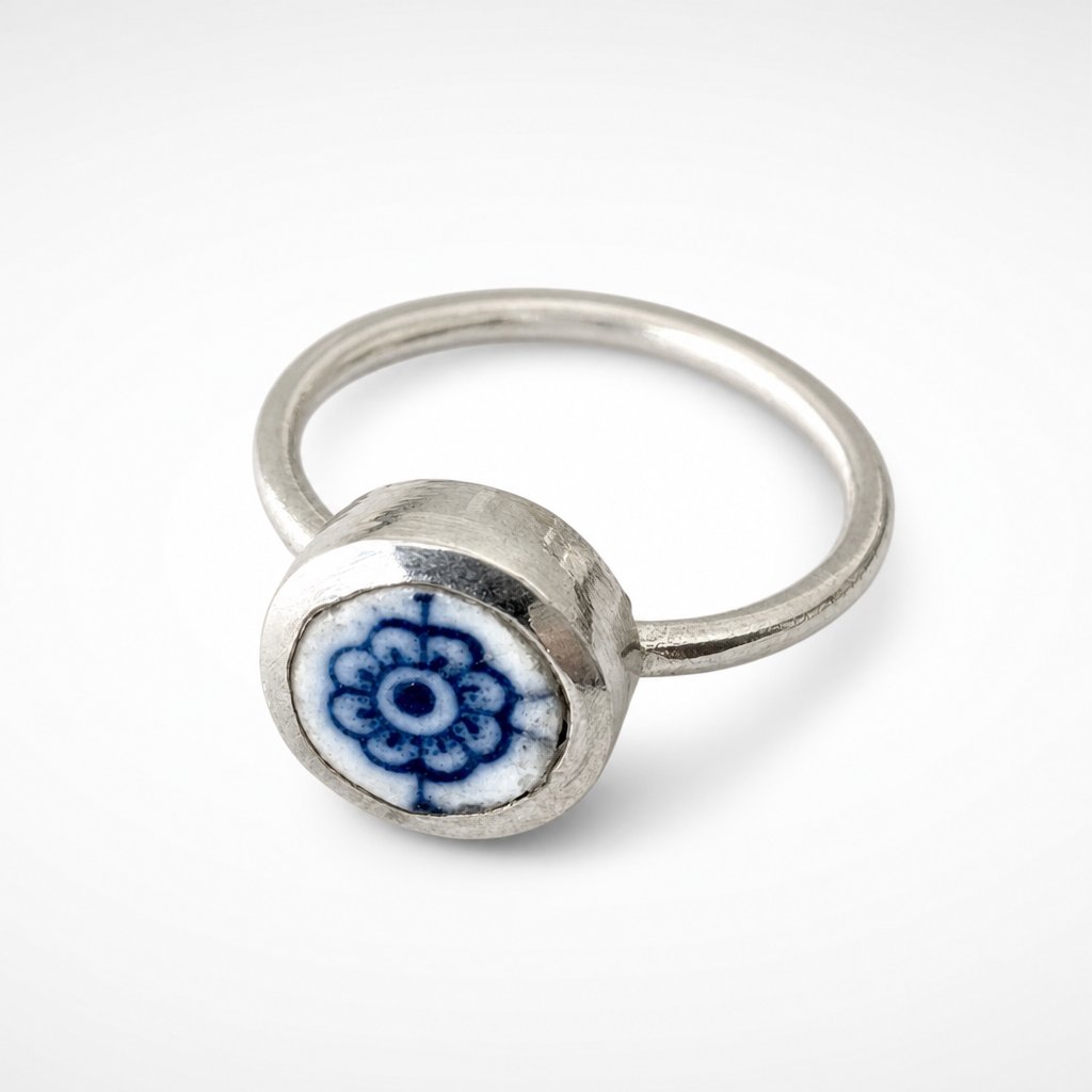 Small blue and white antique ceramic flower ring - sterling silver bezel setting - Natasha Wood Jewellery