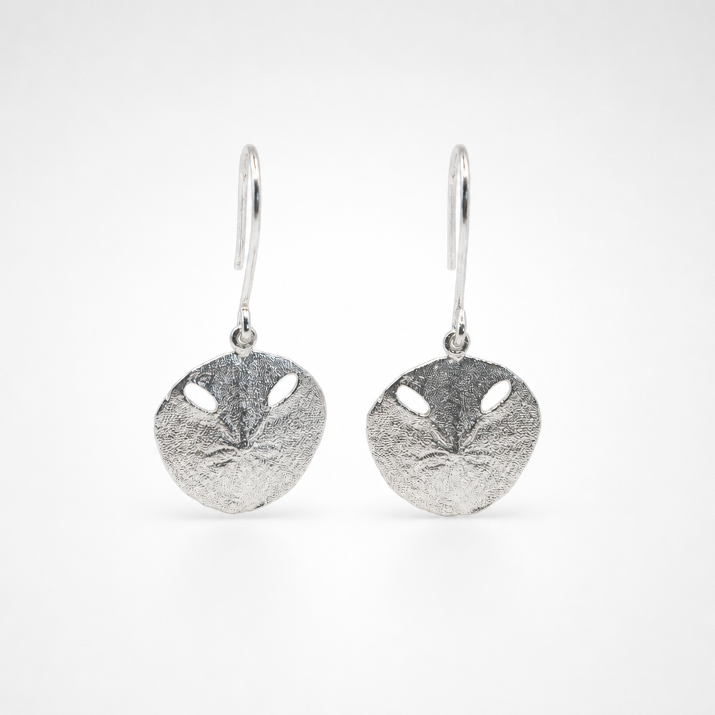 Small Pansy Shell Drop Earrings - front view sterling silver on earring stand
