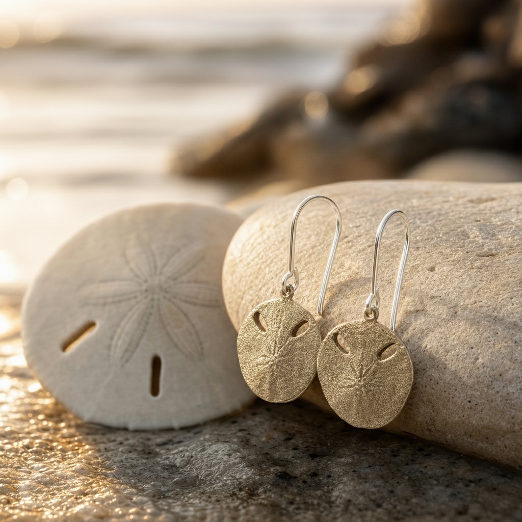 Small Pansy Shell Drop Earrings - brass variant front view on earring stand