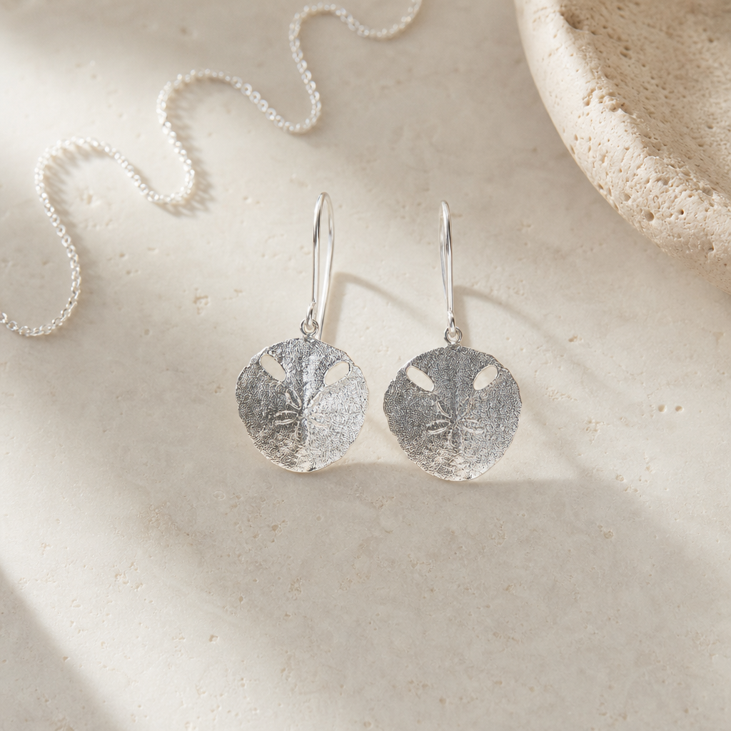 Small Pansy Shell Drop Earrings - close detail sterling silver cast texture and hook