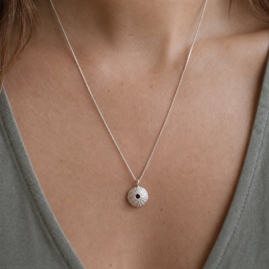 medium Sea Urchin Pendant - sterling silver - on model 50cm flat curb chain
