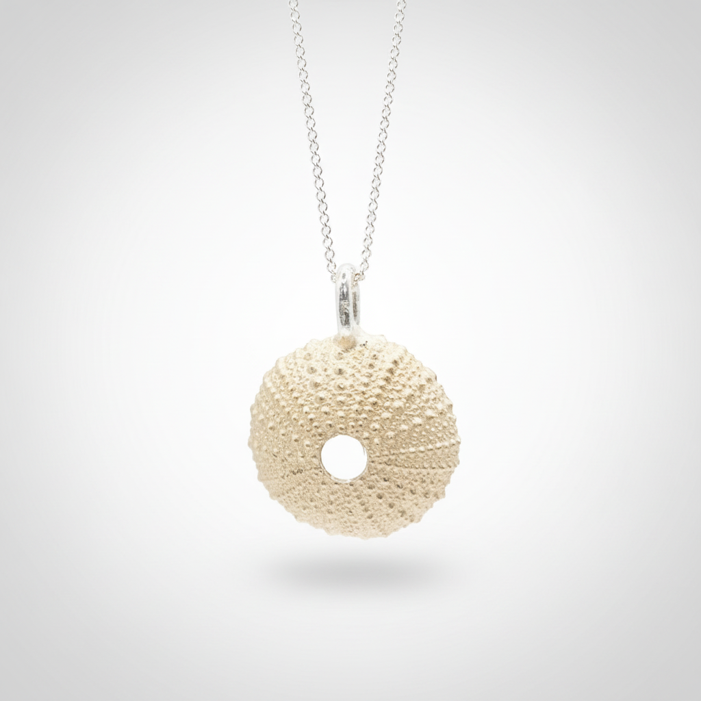 medium Sea Urchin Pendant - brass variant front view with sterling silver curb chain, studio background