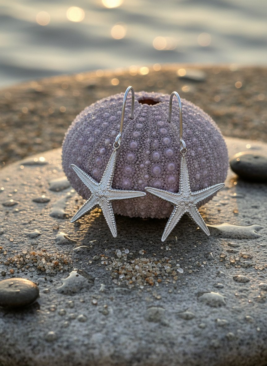 Starfish Earrings - bright sterling silver front view showing drop length and earring hook detail