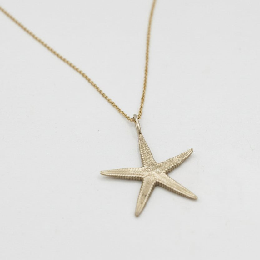 Starfish Pendant Necklace - brass finish on gold-plated sterling silver cable chain, white background