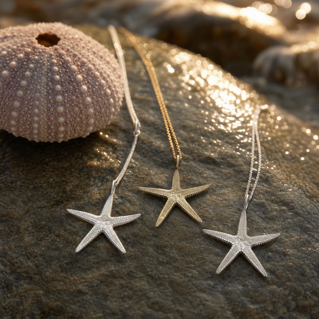 Starfish Pendant Necklace - sterling silver, oxidised silver and brass variants on a wet rock with sea urchin shell