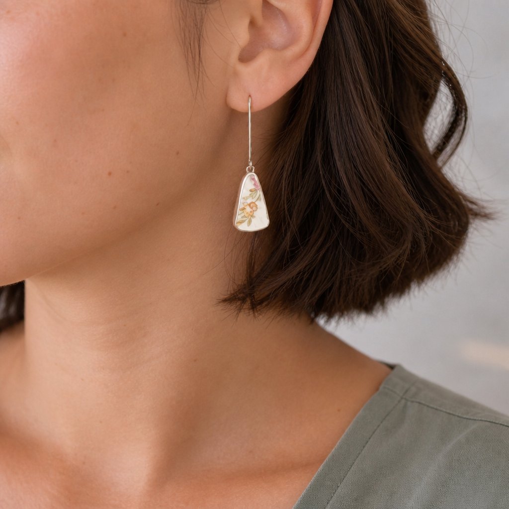 Tuscan Fine English Bone China Windsor silver earrings on a model