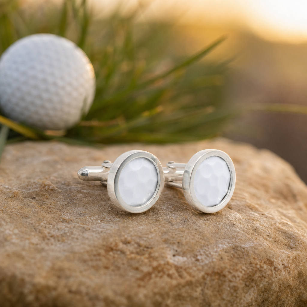 Golf Ball Cufflinks - side profile angle, flip-back fitting visible, sterling silver