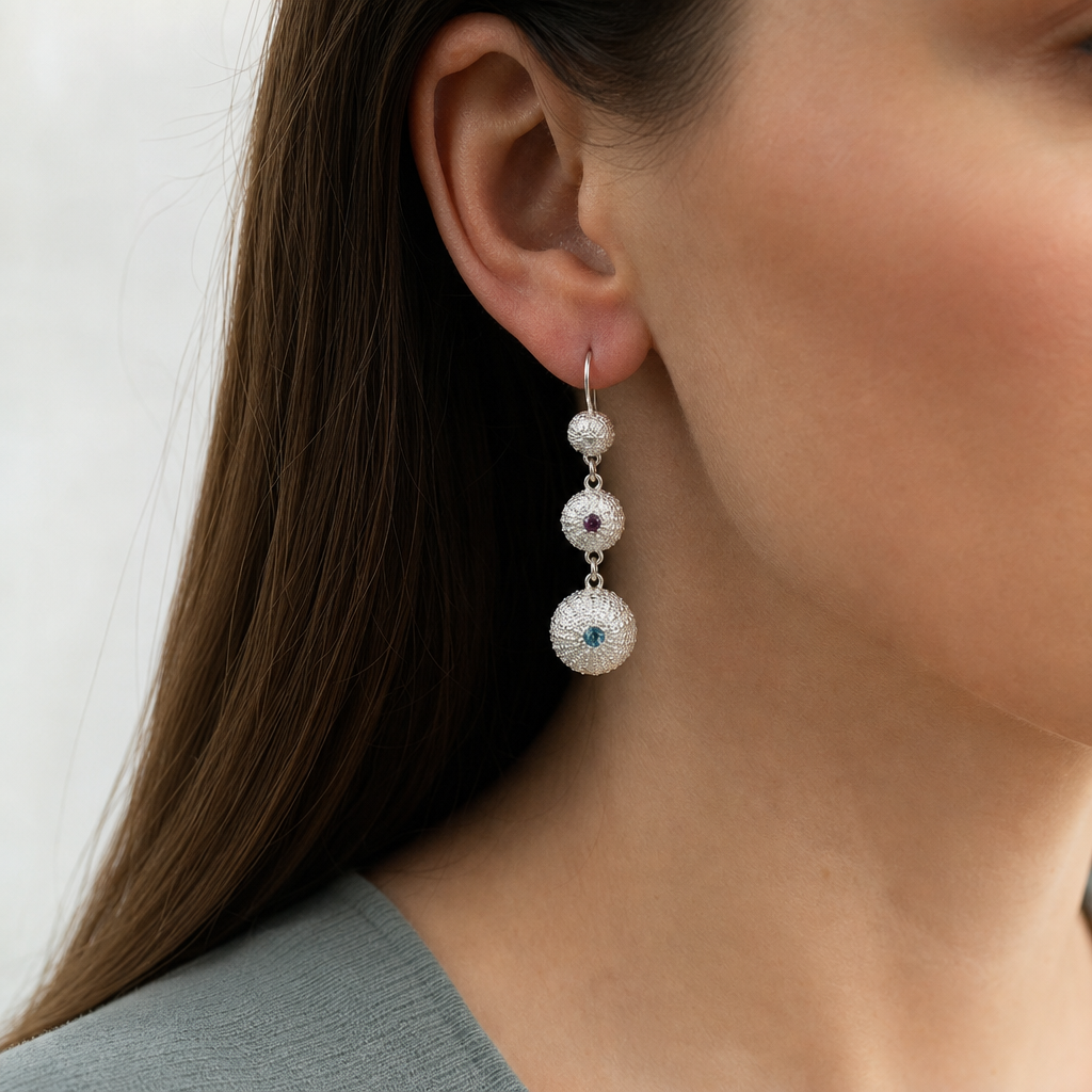 Sea Urchin Trio Drop Earrings - front view sterling silver with rhodolite garnet and London blue topaz