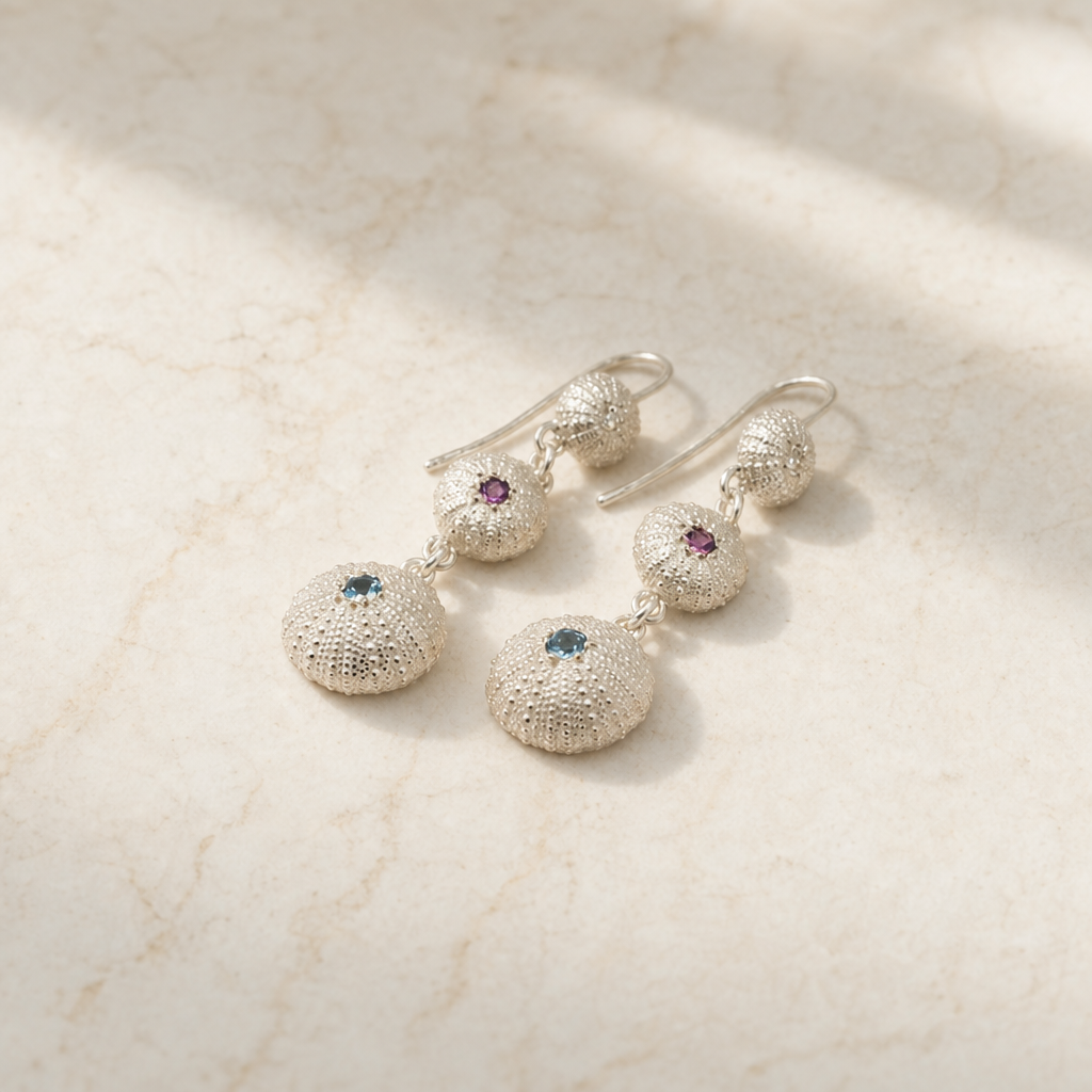 Sea Urchin Trio Drop Earrings - angled flat-lay view showing graduated shell sizes in sterling silver